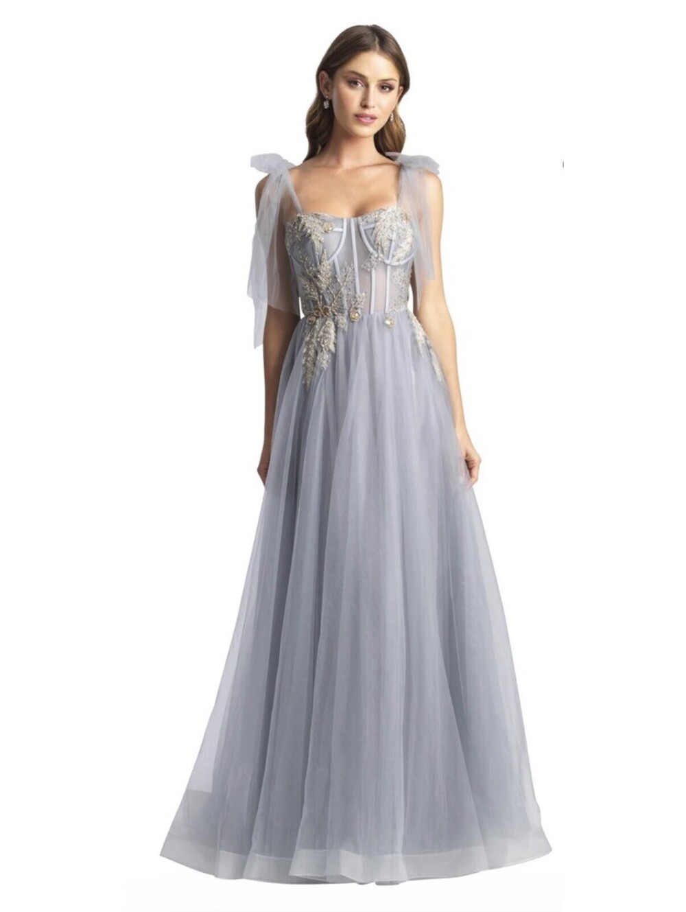 Madison James Gown Sz. 10 Gray Rhinestone Goddess Ethereal Princess Tulle $438